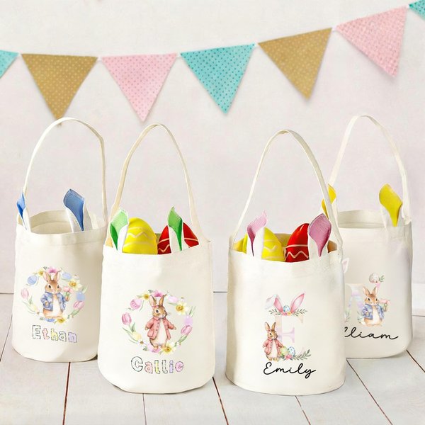 Personalised Cute Peter Rabbit Reusable Bunny Ear Easter Bucket Basket with Name and Initial Easter Egg Hunting Easter Party Favors Gift for Kids