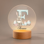 Gepersonaliseerd Aquarel Initiaal Paashaas Bloemen Eieren Acryl LED Nachtlampje met Naam en Houten Voet Decoratie Paas Cadeau voor Kinderen