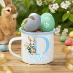 Gepersonaliseerde Cartoon Paashaas Geboorte Bloem Voorletter 12 oz Gekleurde Rand Emaille Mok met Naam Paasgeschenk voor Jongens en Meisjes
