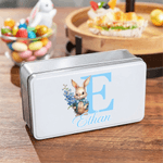 Personalised Birth Flower Cute Bunny Easter Biscuit Tin Box with Name and Initial Easter Party Easter Gift for Children