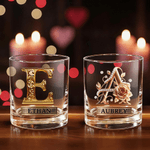 Personalized Rose Alphabet 10 oz Whiskey Glass with Name Valentine's Day Gifts for Couple Whiskey Lover