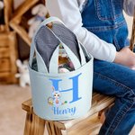 Personalized Bunny Onesie Cartoon Character Rabbit Ears Striped Easter Basket with Initial and Name Easter Party Favor Eggs Hunting Gift for Kids