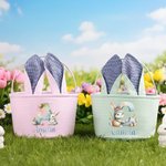 Personalized Cute Rabbit Initial Striped Easter Basket with Name and Bunny Ears Easter Party Favor Eggs Hunting Gift for Kids