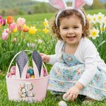 Personalized Cute Rabbit Initial Striped Easter Basket with Name and Bunny Ears Easter Party Favor Eggs Hunting Gift for Kids