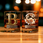 Personalized Rose Alphabet 10 oz Whiskey Glass with Name Valentine's Day Gifts for Couple Whiskey Lover