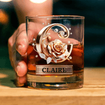 Personalized Rose Alphabet 10 oz Whiskey Glass with Name Valentine's Day Gifts for Couple Whiskey Lover