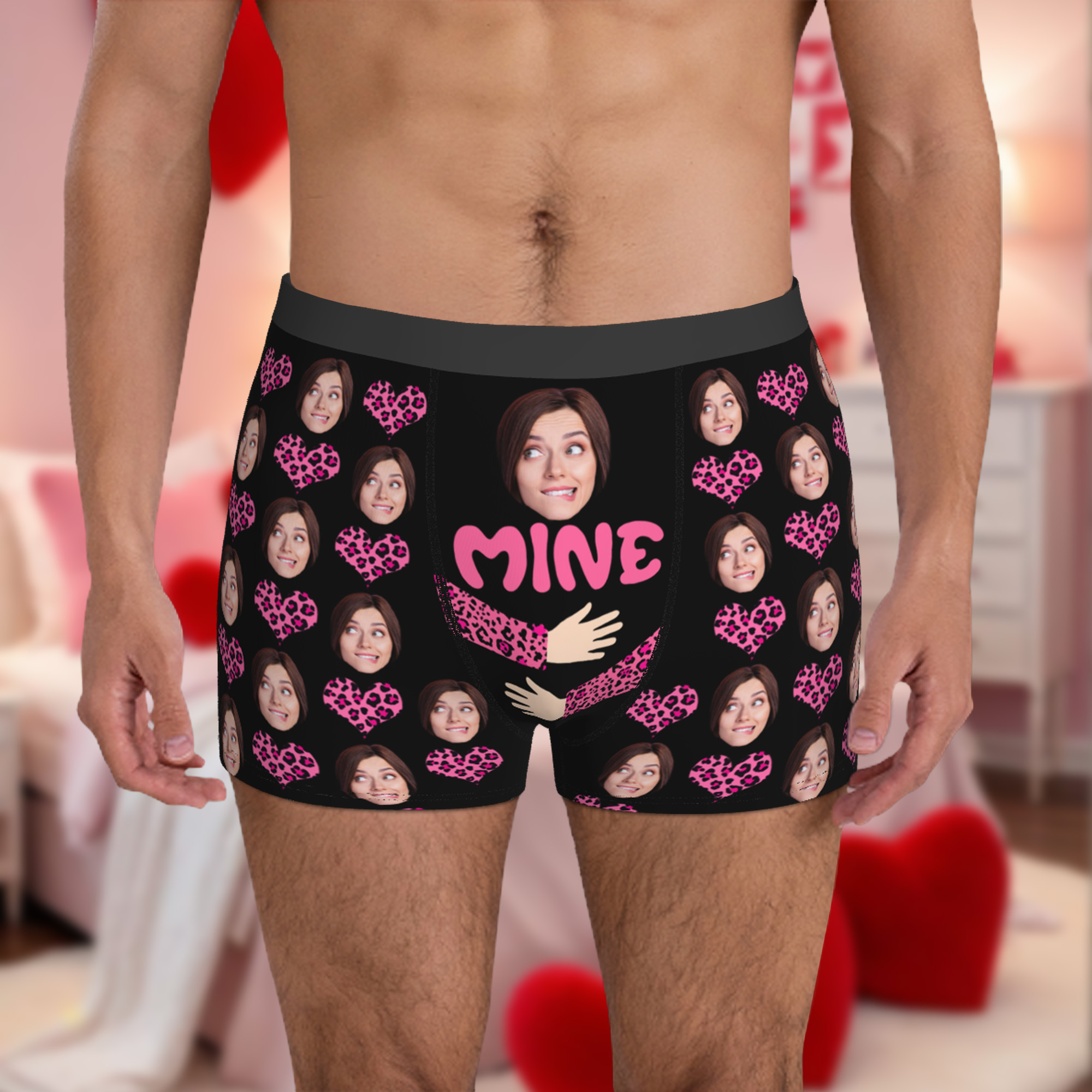 Caleçon boxeur imprimé léopard personnalisé avec photo de visage amusante Cœur Caleçon pour homme Cadeau d'anniversaire pour la Saint-Valentin pour les hommes