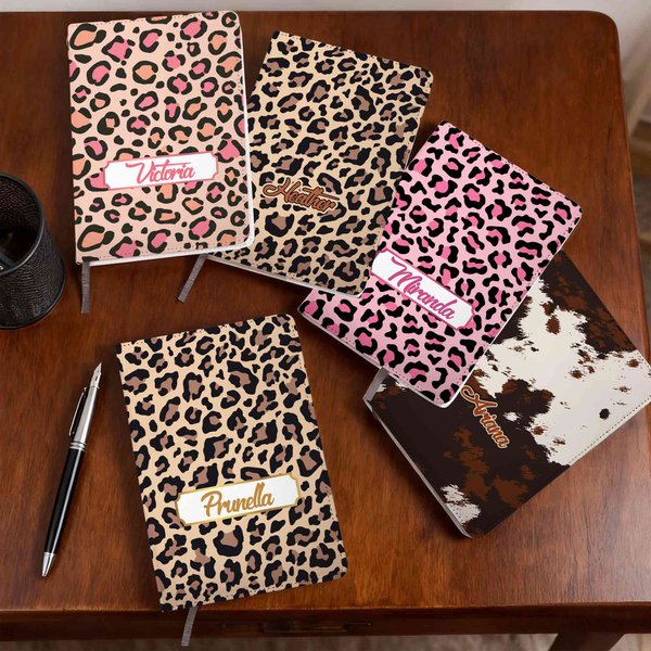 Personalised Leopard Print Highland Cow Pattern A5 Journal Notebook with Name Birthday Gift for Students