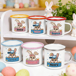 Gepersonaliseerde Strikhoed Paashaas 12 oz Gekleurde Rand Emaille Mok met Naam Paasfeest Verjaardagscadeau voor Kinderen Jongens Meisjes