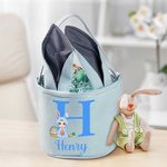 Personalized Bunny Onesie Cartoon Character Rabbit Ears Striped Easter Basket with Initial and Name Easter Party Favor Eggs Hunting Gift for Kids