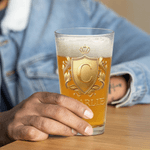 Personalised Golden Shield Initial 16 oz Beer Glass with Name Housewarming Birthday Gift for Family Beer Lover