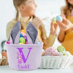 Personalized Bunny Onesie Cartoon Character Rabbit Ears Striped Easter Basket with Initial and Name Easter Party Favor Eggs Hunting Gift for Kids
