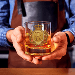 Personalised Vintage Crown Badge 3D Initial 10 oz Rock Whiskey Glass with Name Father's Day Birthday Gift for Man Bartender Whiskey Enthusiast