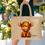 Gepersonaliseerde Leuke Hoogland Koe Jute Draagtas met Naam Verjaardagscadeau voor Highland Koe Liefhebber