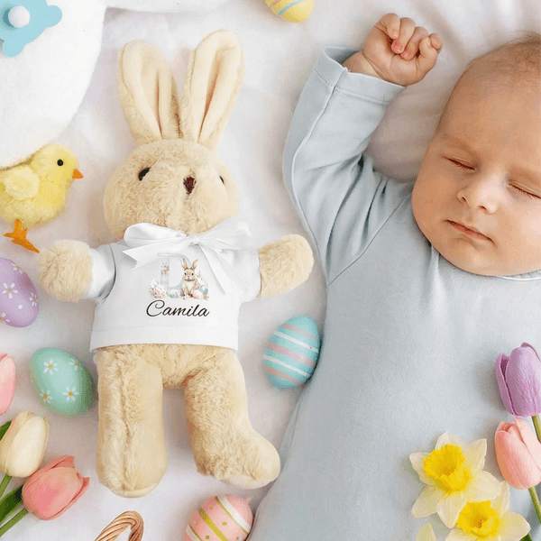 Maglietta personalizzata coniglietto di peluche coniglietto pasquale di peluche con iniziale e nome regalo di Pasqua per neonati bambini