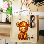 Gepersonaliseerde Leuke Hoogland Koe Jute Draagtas met Naam Verjaardagscadeau voor Highland Koe Liefhebber