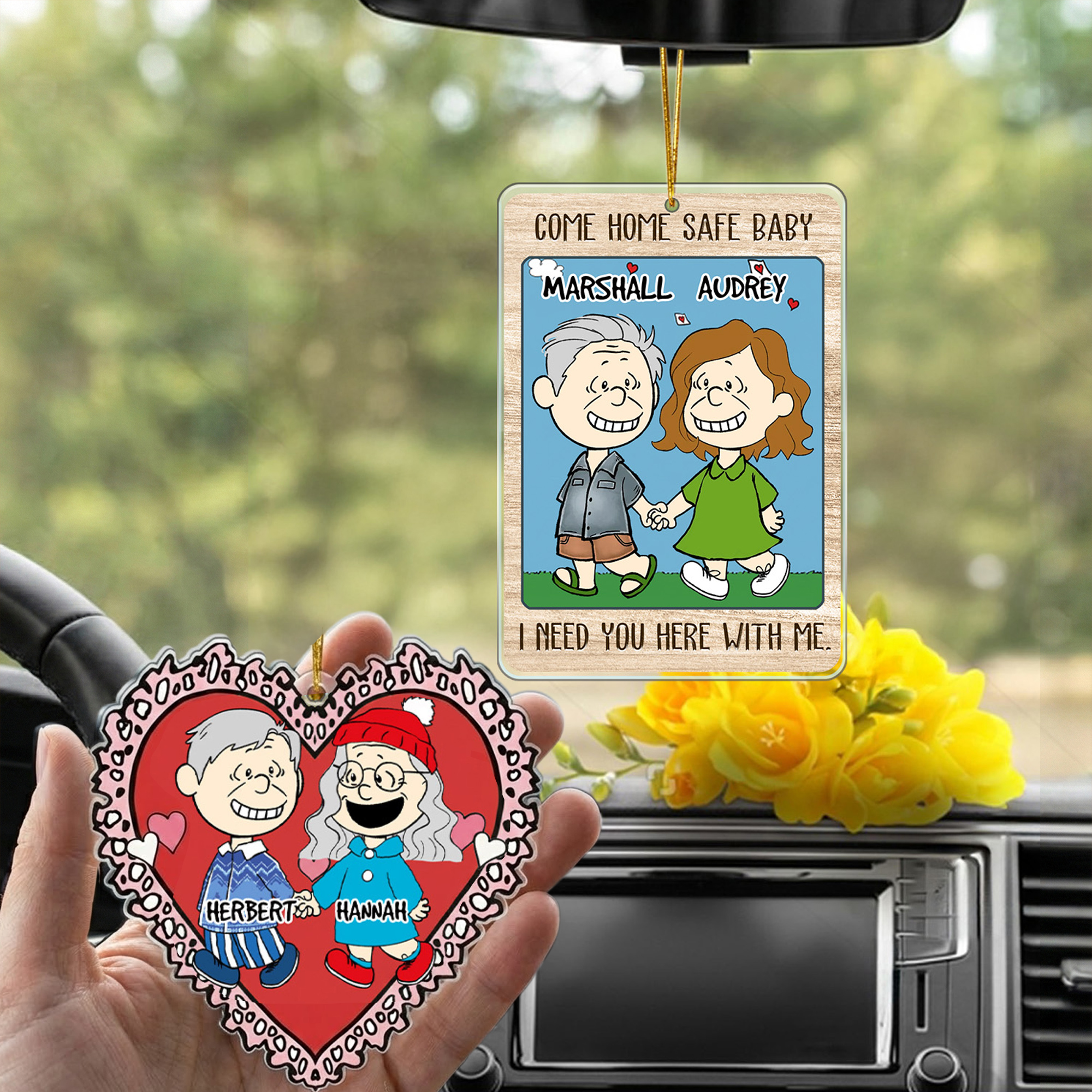 Ornement romantique personnalisé en acrylique avec nom Décoration de voiture Cadeau d'anniversaire de St Valentin pour les couples