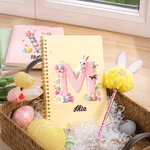 Personalised Easter Eggs Bunny Name A5 Spiral Notebook and Pom Puff Pen Set with 156 Lined Pages Easter Party Favor Gift for Boys Girls