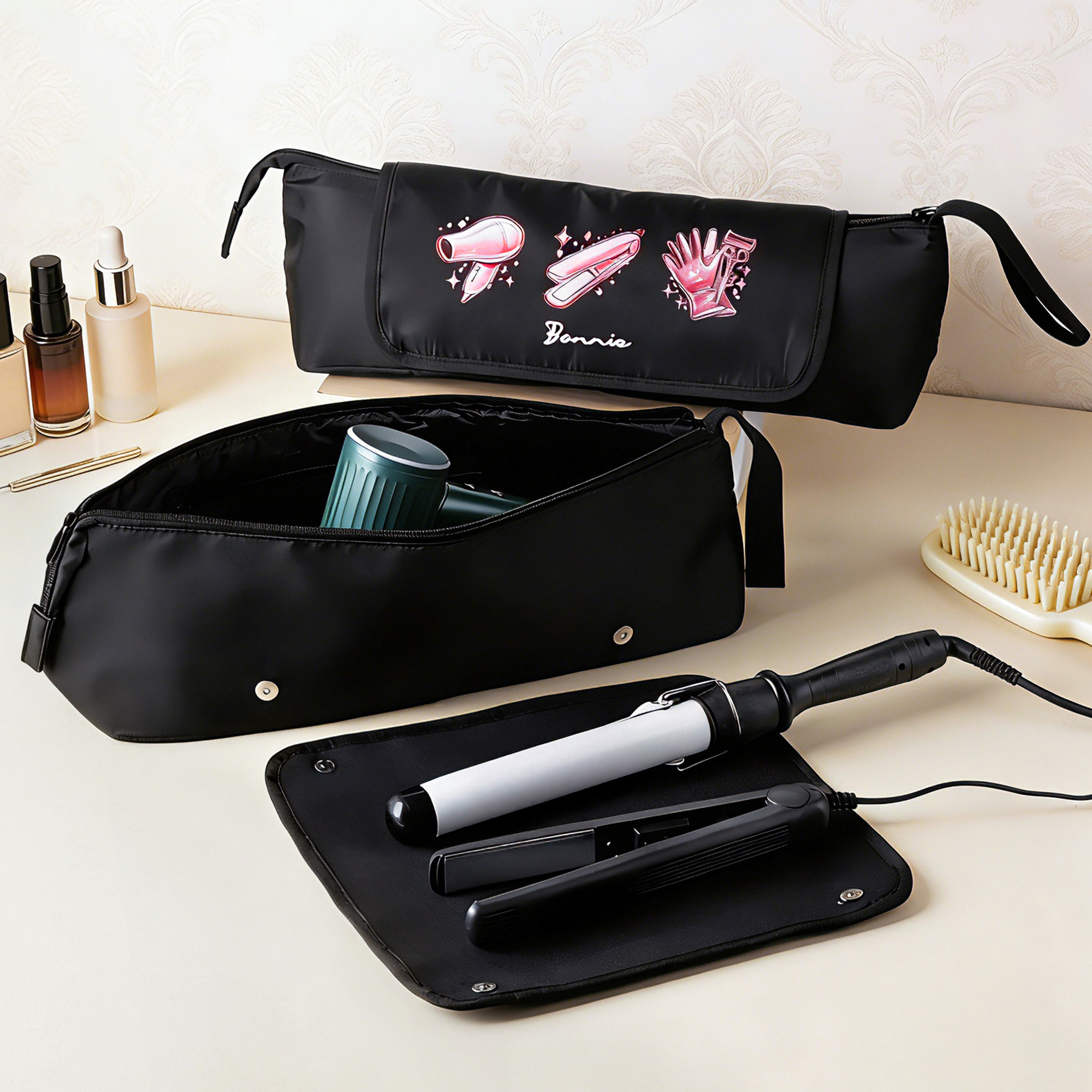 Sac de rangement d'outils de coiffure imperméable avec nom et tampon isolant amovible pour utilisation en voyage Cadeau d'anniversaire pour les coiffeurs