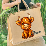 Gepersonaliseerde Leuke Hoogland Koe Jute Draagtas met Naam Verjaardagscadeau voor Highland Koe Liefhebber