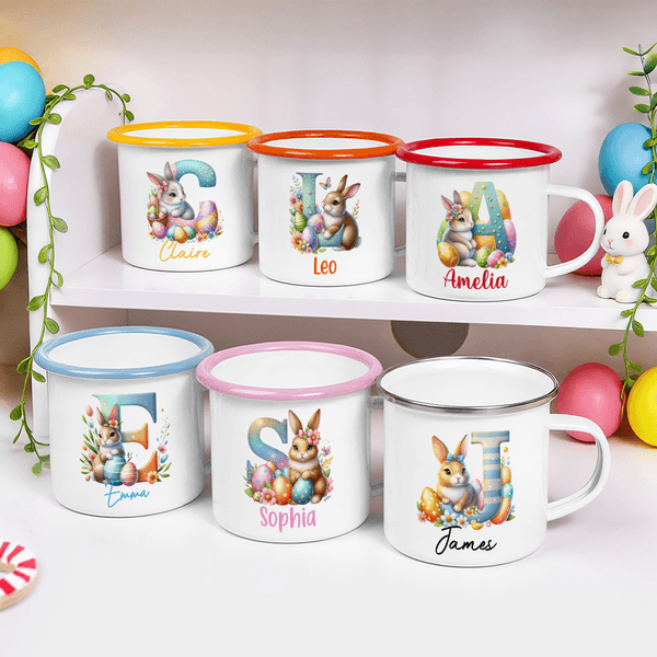 Personalized Cute Bunny Initial 12 oz Enamel Mug with Name Easter Birthday Back to School Gift for Kids