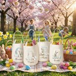 Personalized Watercolor Rabbit Flower Initial Bunny Ears Easter Basket with Name Easter Eggs Hunting Party Favors Gift for Boys Girls