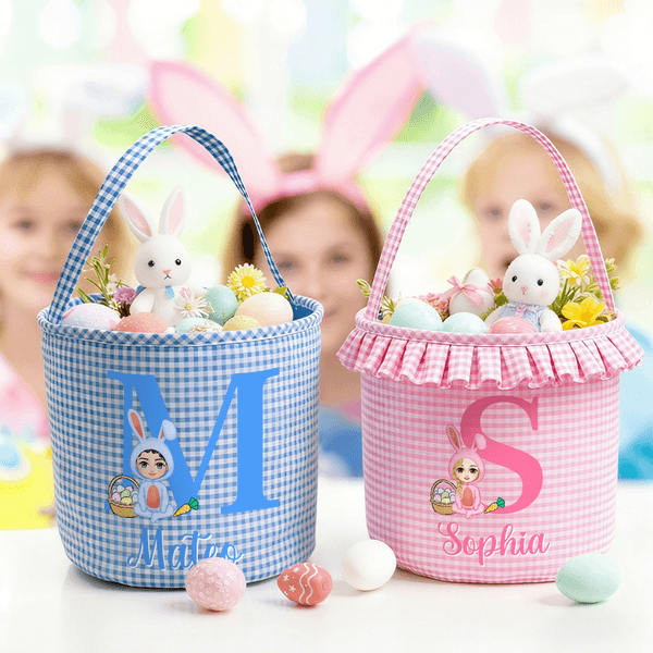 Gepersonaliseerde schattige cartoon Bunny Suit karakter geruite paasmand met initiaal en naam paaseieren jacht paascadeau voor jongens meisjes