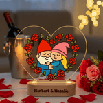 Personalized Rose Gnome Couple Heart Acrylic LED Night Light with Name and Wooden Base Home Decor Valentine's Day Anniversary Gift for Couple