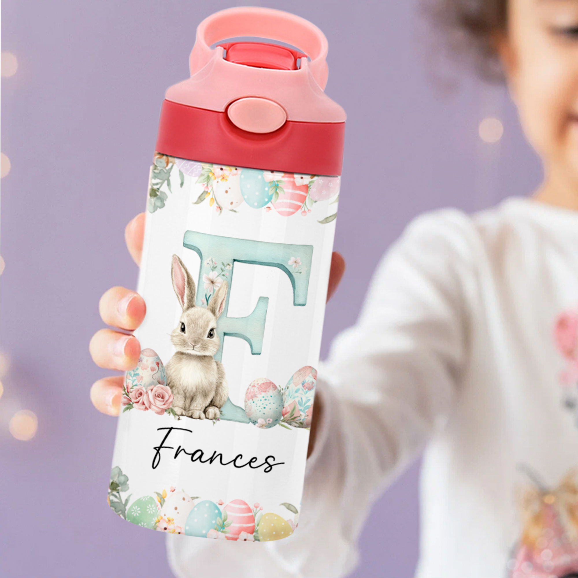 Bouteille d'eau isolée avec poignée et paille en silicone pour enfants Cadeau d'anniversaire de Pâques pour garçons et filles