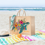 Personalised Cute Colourful Floral Sea Turtle Large Capacity Jute Bag with Name Daily Use Birthday Gift for Friends Women