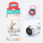 Personalized Cute Easter Bunny Initial  12oz Kid Insulated Name Water Bottle with Handle and Silicone Straw Easter Birthday Gift for Boys Girls