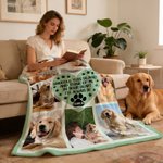 Personalized Paw Print Heart Pet Photos Plaid Soft Throw Blanket with Name Home Decor Birthday Gift for Pet Lovers