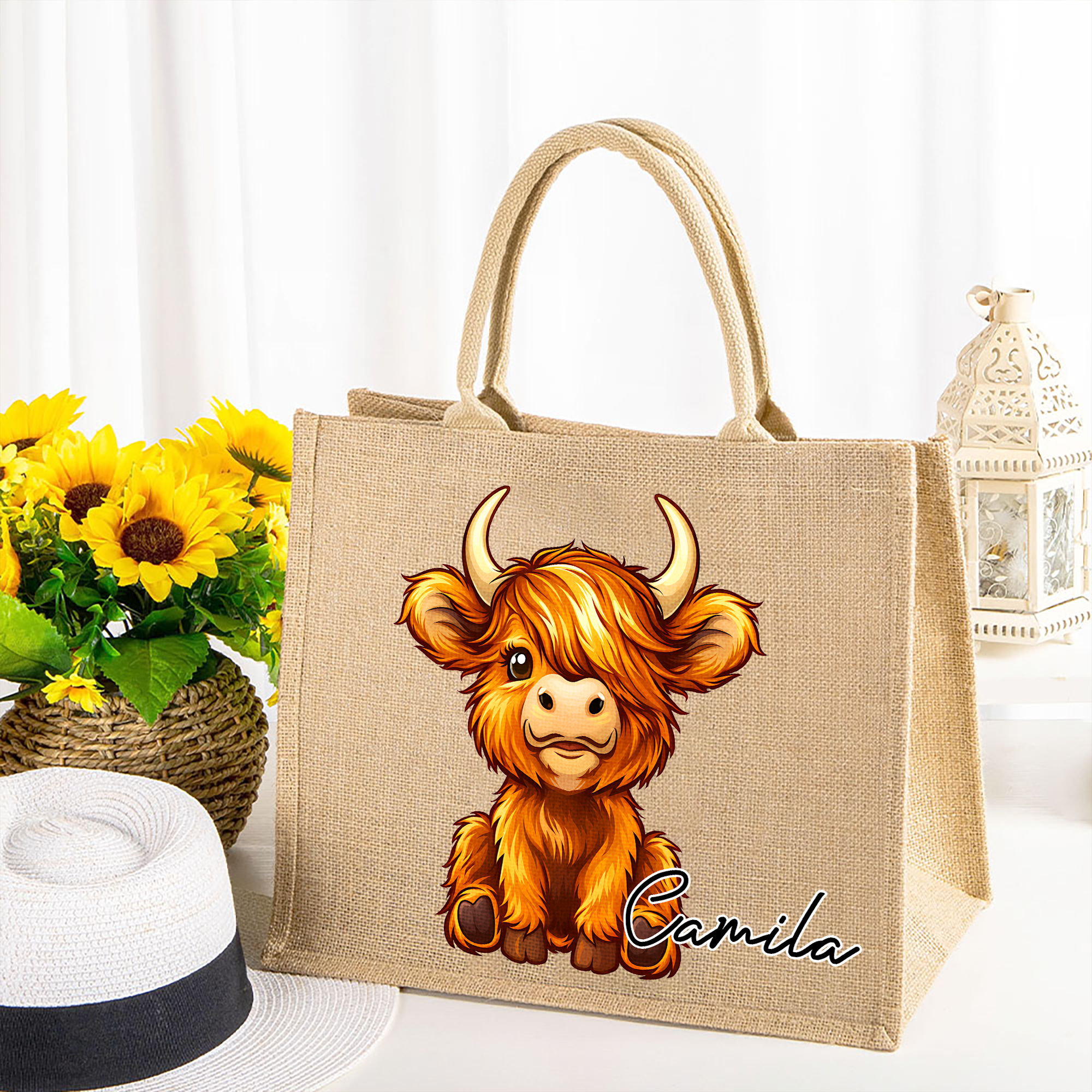 Sac en toile de jute personnalisé avec nom Cadeau d'anniversaire pour l'amoureux des vaches des Highlands