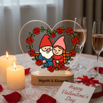 Personalized Rose Gnome Couple Heart Acrylic LED Night Light with Name and Wooden Base Home Decor Valentine's Day Anniversary Gift for Couple