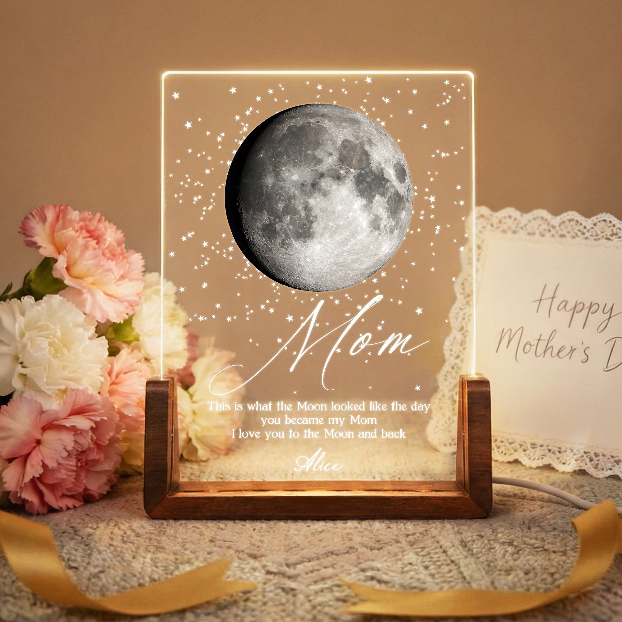 Fase lunare personalizzata Luce notturna LED in acrilico con nome e base in legno Home Decor Festa della mamma Regalo di compleanno per mamme bambini