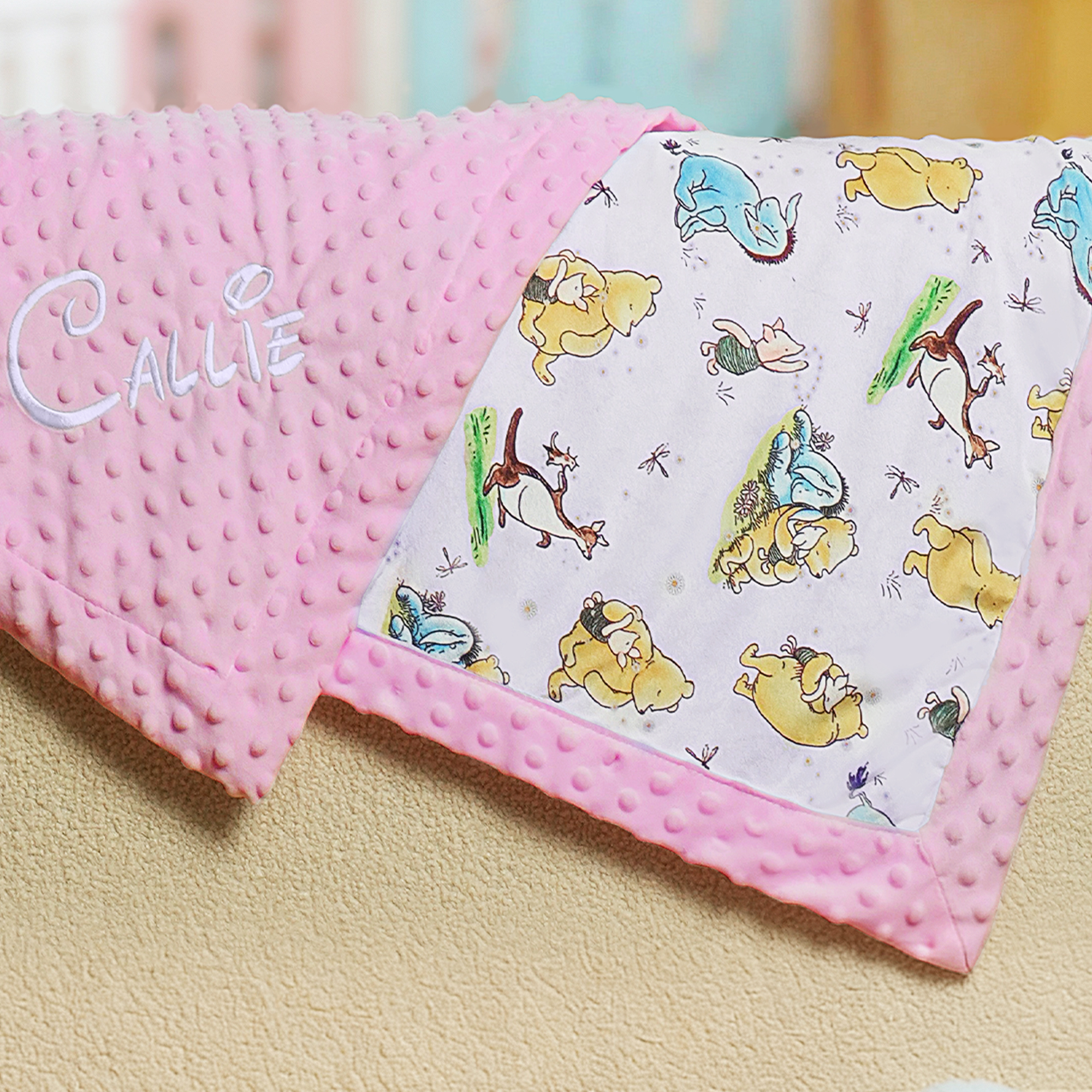 Personalized Classic Winnie the Pooh Soft Dot Blanket with Embroidered Name Nursery Bedding Decor Birthday Baby Shower Gift for Newborn New Mom
