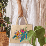 Personalised Cute Colourful Floral Sea Turtle Large Capacity Jute Bag with Name Daily Use Birthday Gift for Friends Women