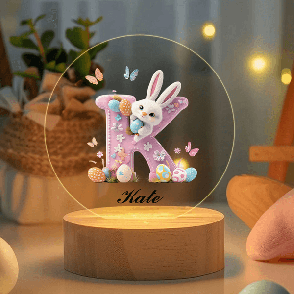 Personalized Pink Rabbit Easter Egg 3D Initial LED Night Light with Name and Wooden Base Room Decor Birthday Easter Party Favor Gift for Kids