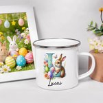 Personalized Cute Bunny Initial 12 oz Enamel Mug with Name Easter Birthday Back to School Gift for Kids