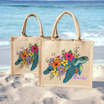 Personalised Cute Colourful Floral Sea Turtle Large Capacity Jute Bag with Name Daily Use Birthday Gift for Friends Women