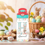 Personalized Cute Easter Bunny Initial  12oz Kid Insulated Name Water Bottle with Handle and Silicone Straw Easter Birthday Gift for Boys Girls