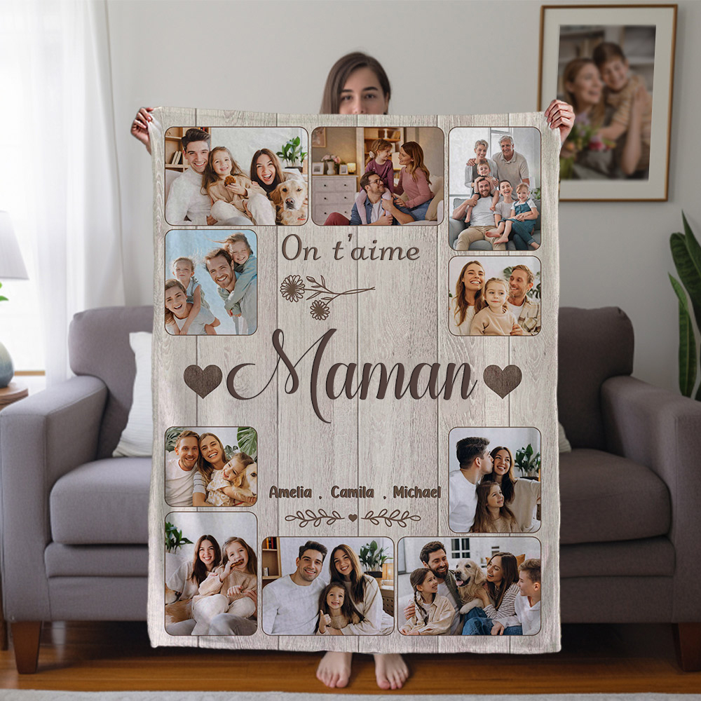 Couverture Personnalisée avec Noms Photos et Textes Décoration de la Maison Cadeau pour Fête des Mères ou Fête des Pères
