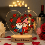 Personalized Rose Gnome Couple Heart Acrylic LED Night Light with Name and Wooden Base Home Decor Valentine's Day Anniversary Gift for Couple