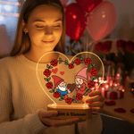 Personalized Rose Gnome Couple Heart Acrylic LED Night Light with Name and Wooden Base Home Decor Valentine's Day Anniversary Gift for Couple