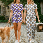 Personalised Star 1-4 Face Photos Checkerboard Pattern Pyjama Set with Name Daily Wear Birthday Gift for Grandma Mom Woman Pet Lover