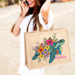 Personalised Cute Colourful Floral Sea Turtle Large Capacity Jute Bag with Name Daily Use Birthday Gift for Friends Women