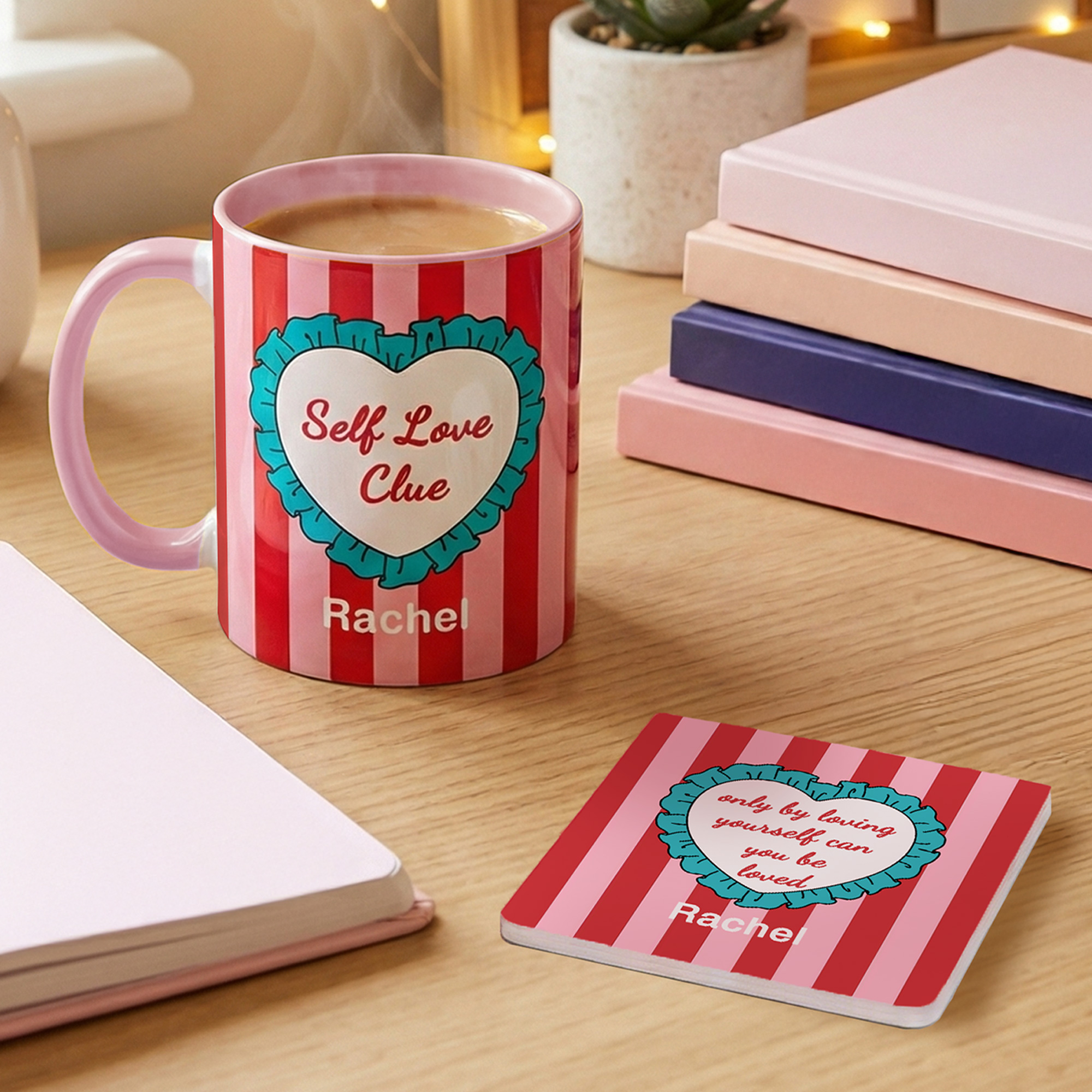 Tasse en céramique personnalisée Self Love Clue Heart 11 oz 15 oz avec nom et sous-verre Cadeau d'anniversaire de la Saint-Valentin pour Elle Lui