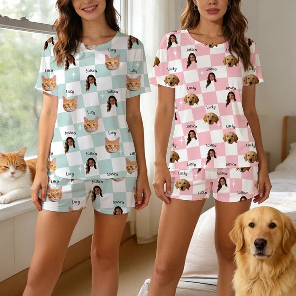 Personalized Star 1-4 Face Photos Checkerboard Pattern Pajama Set with Name Daily Wear Birthday Gift for Grandma Mom Woman Pet Lover
