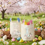 Personalized Watercolor Rabbit Flower Initial Bunny Ears Easter Basket with Name Easter Eggs Hunting Party Favors Gift for Boys Girls