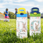 Personalized Cute Easter Bunny Initial  12oz Kid Insulated Name Water Bottle with Handle and Silicone Straw Easter Birthday Gift for Boys Girls